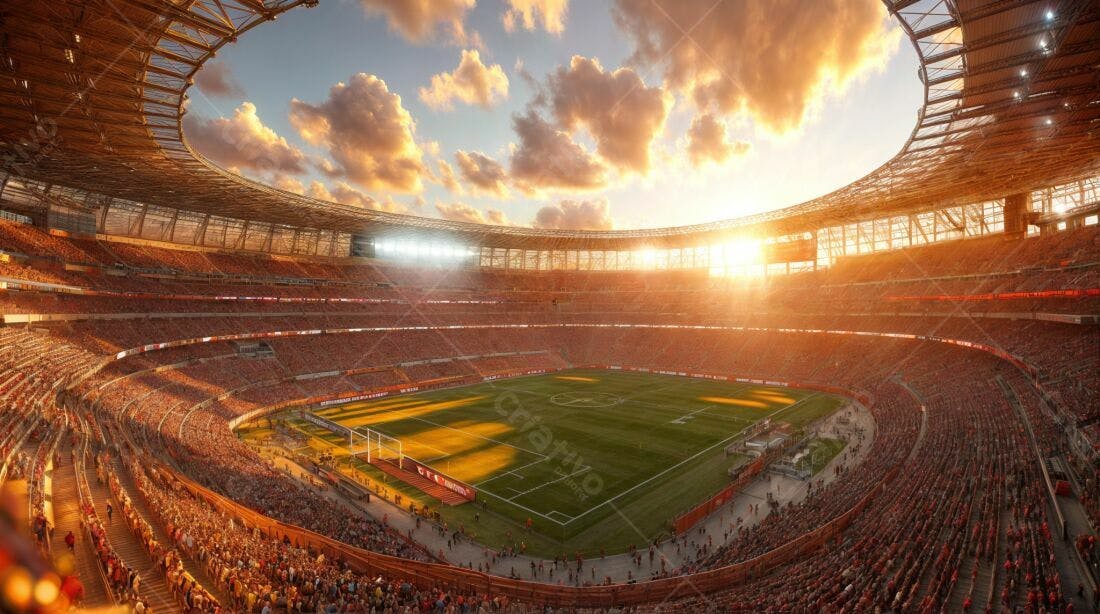 Estádio lotado ao pôr do sol