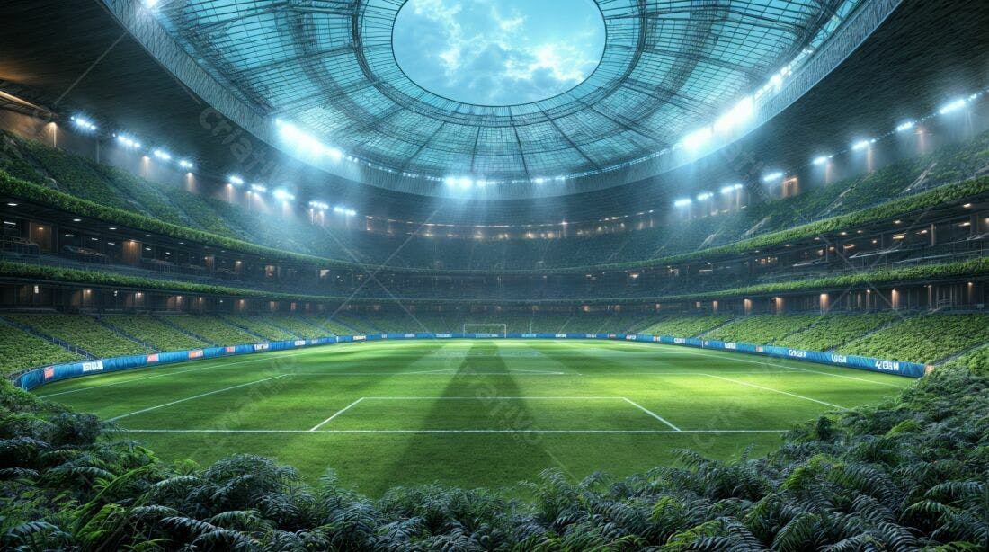 Estádio de futebol sustentável com vegetação