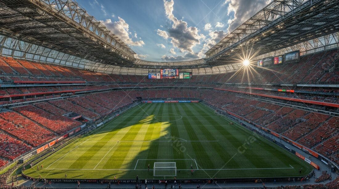 Estádio lotado ao entardecer