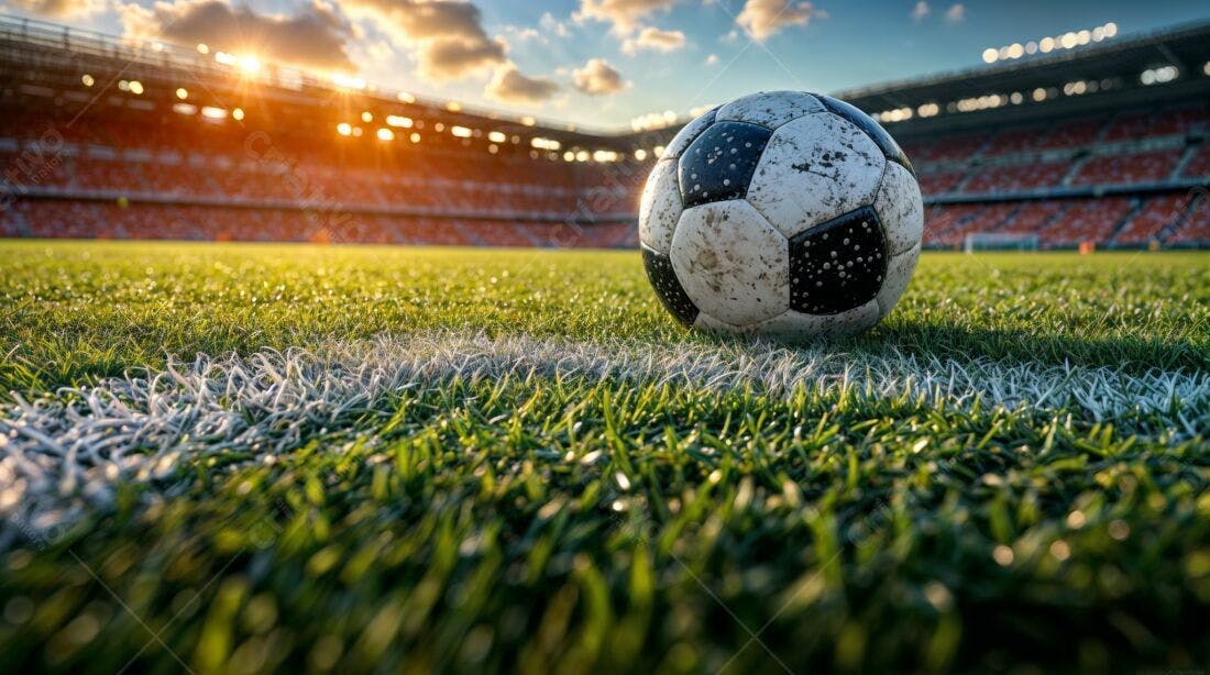 Bola de futebol em campo gramado ao entardecer