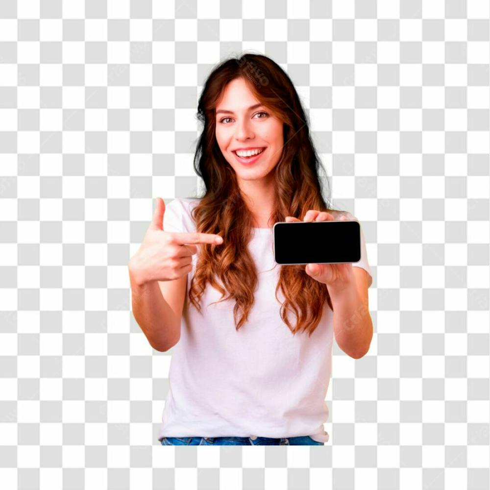 Png Mulher Feliz Apontando Para Tela De Celular