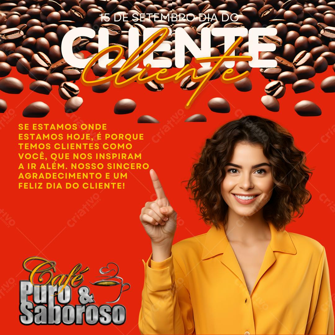 Post Instagram Dia do Cliente com foto de mulher sorrindo fundo vermelho Editável no Canva