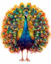 Colorful peacock standing with feathers partially open