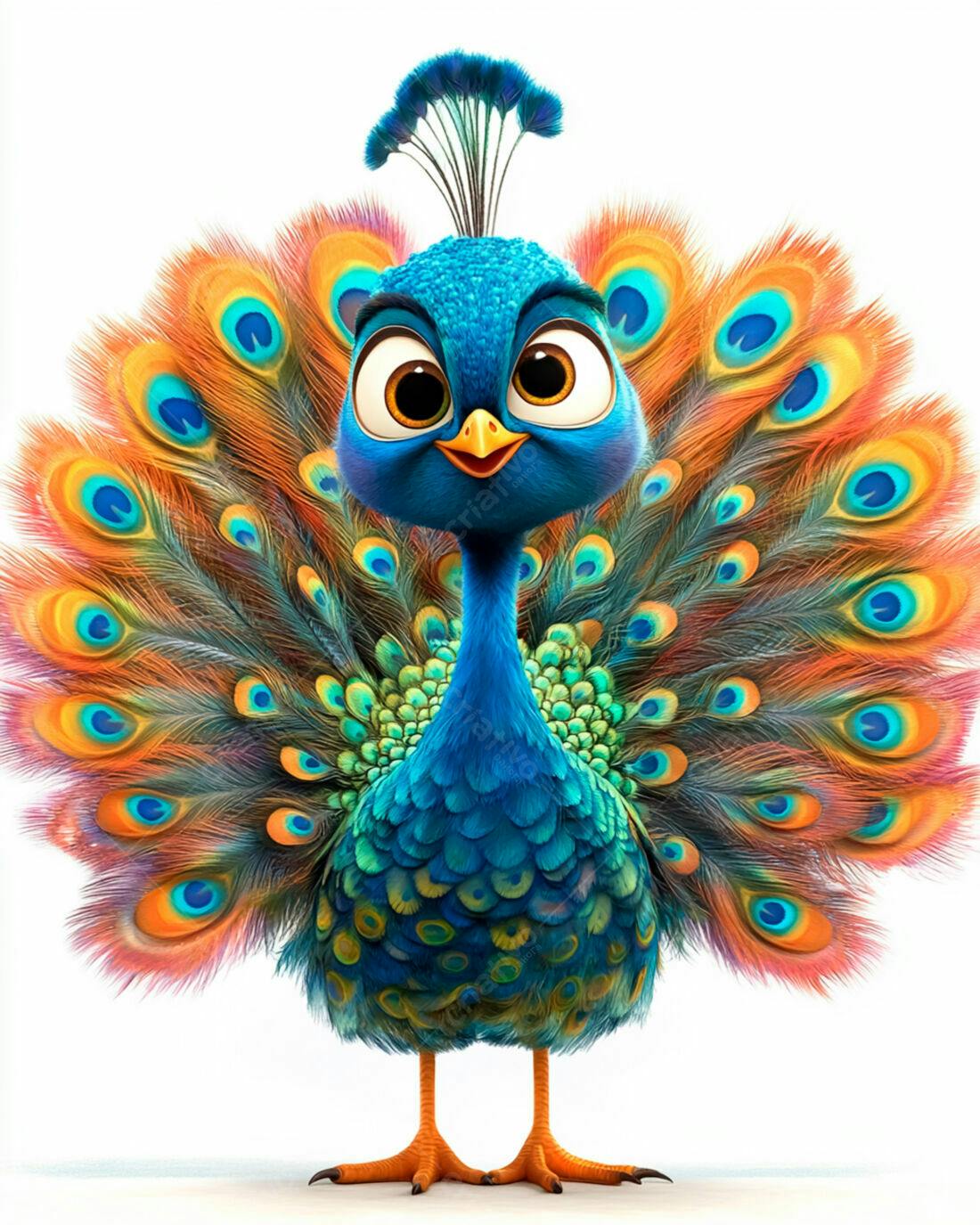 Pavão Cartoon com Penas Coloridas
