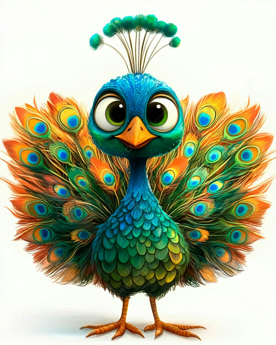Pavão Bebê Colorido com Penas Abertas