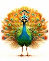 Colorful peacock standing with feathers partially open