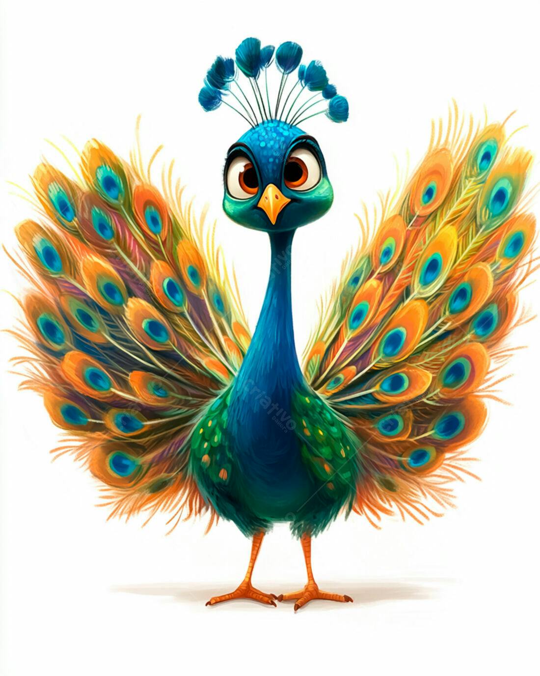 Pavão Cartoon com Penas Abertas
