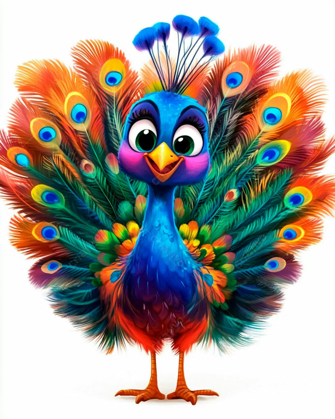 Pavão Cartoon colorido com cauda aberta