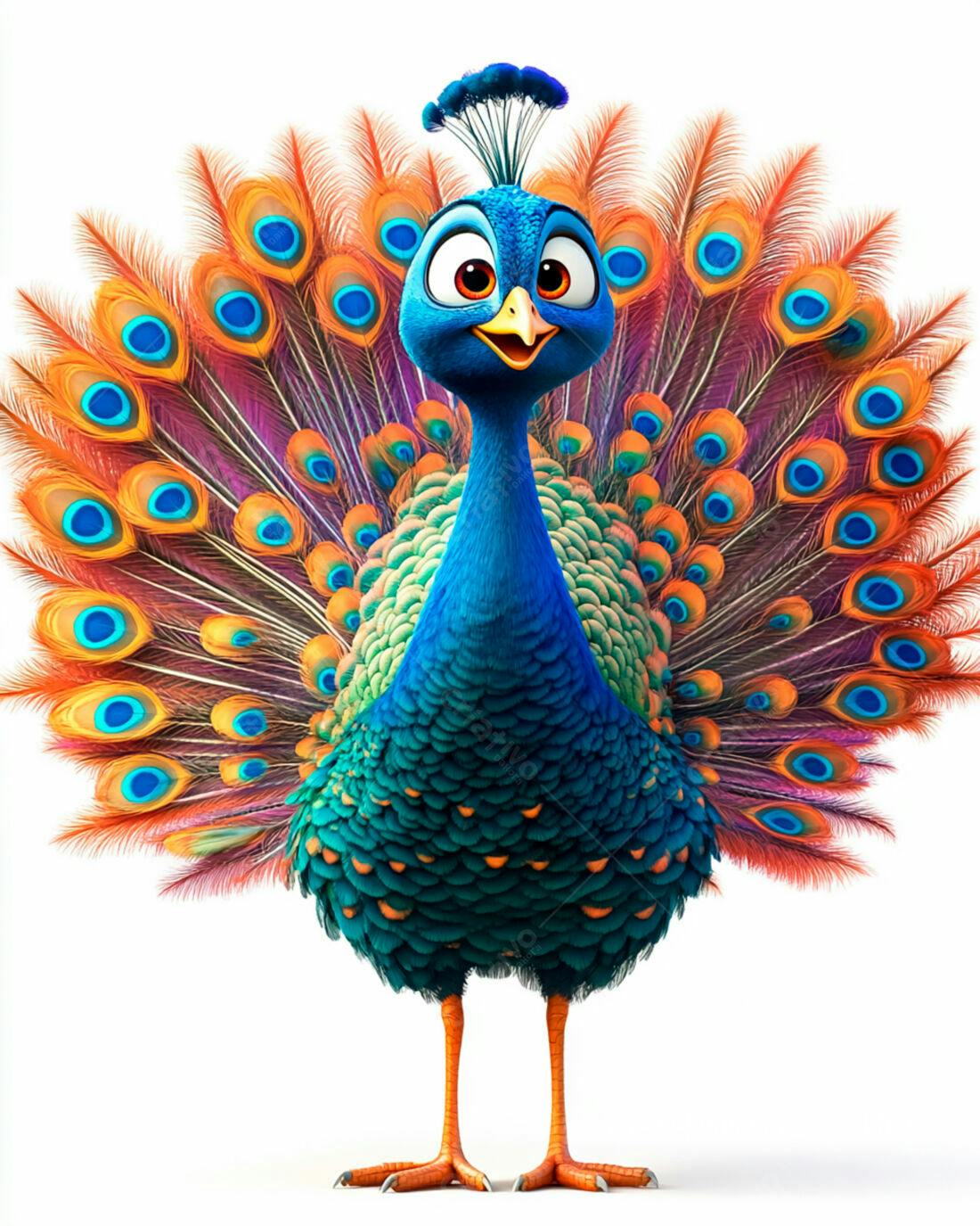 Pavão animado colorido com cauda aberta