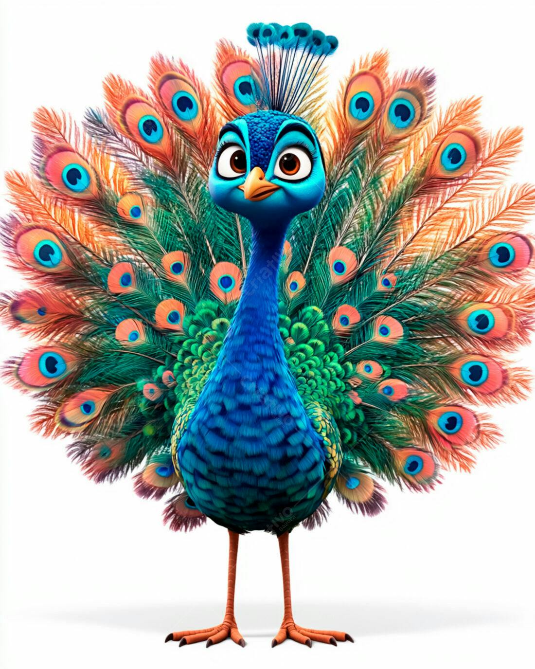 Pavão animado com cauda aberta cores vibrantes