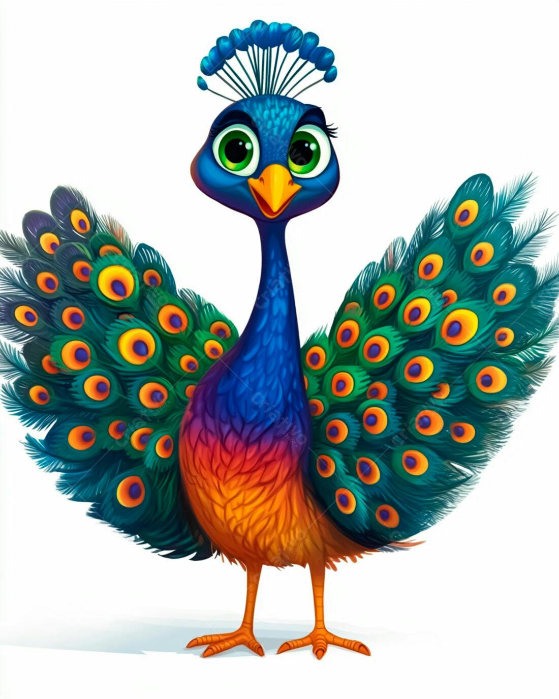 Pavão Cartoon com Penas Coloridas
