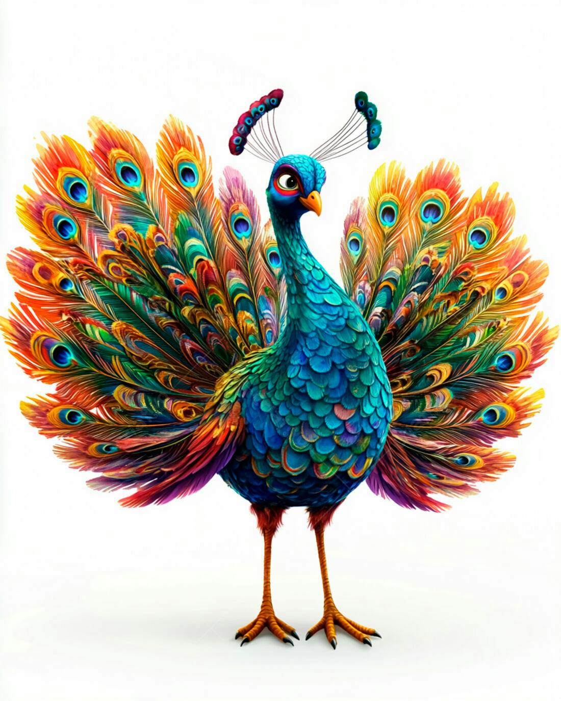 Pavão colorido com cauda aberta fundo branco