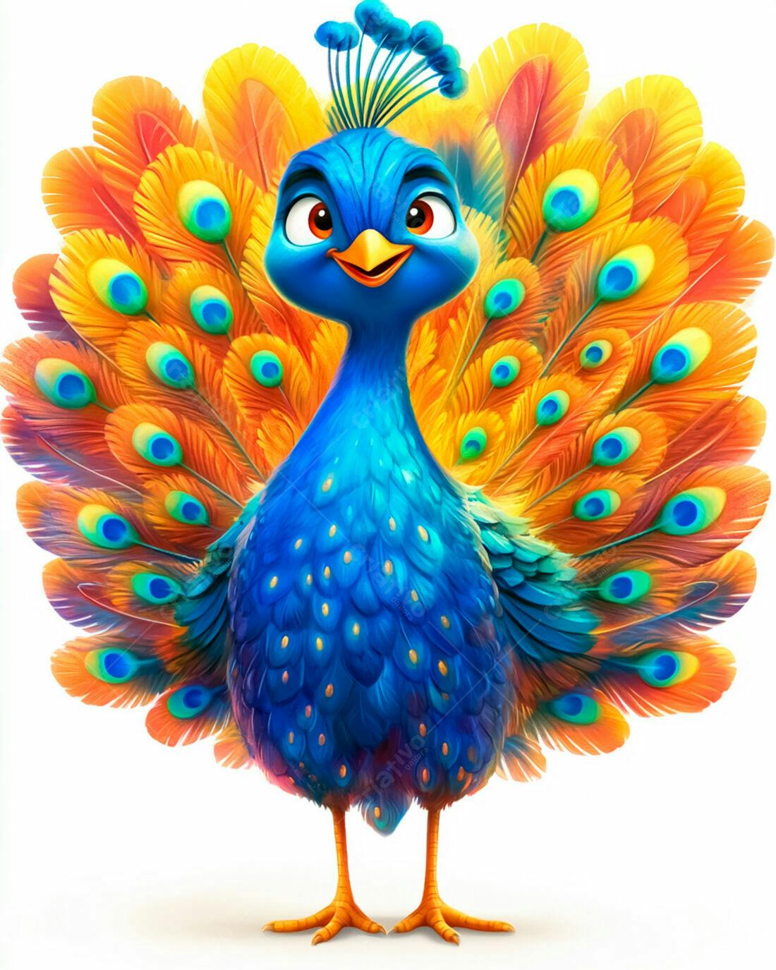 Pavão azul e laranja alegre com cauda aberta