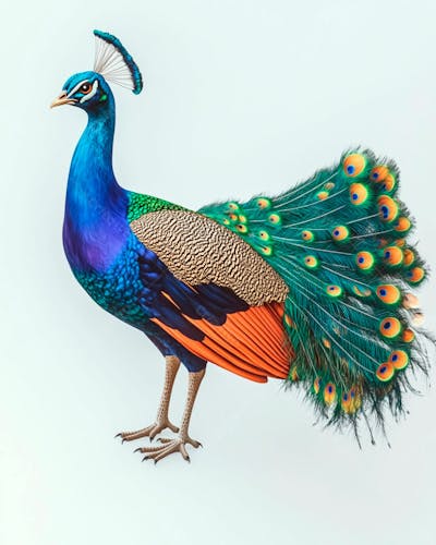 Pavão Colorido Em Pé Com As Penas Parcialmente Abertas