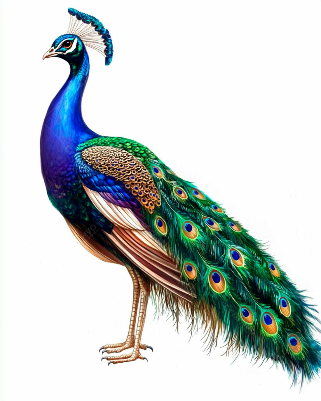 Pavão azul e verde em fundo branco