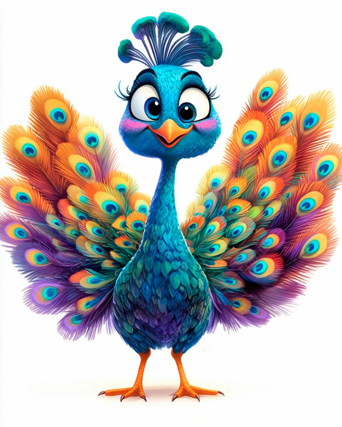 Pavão Cartoon com Penas Coloridas