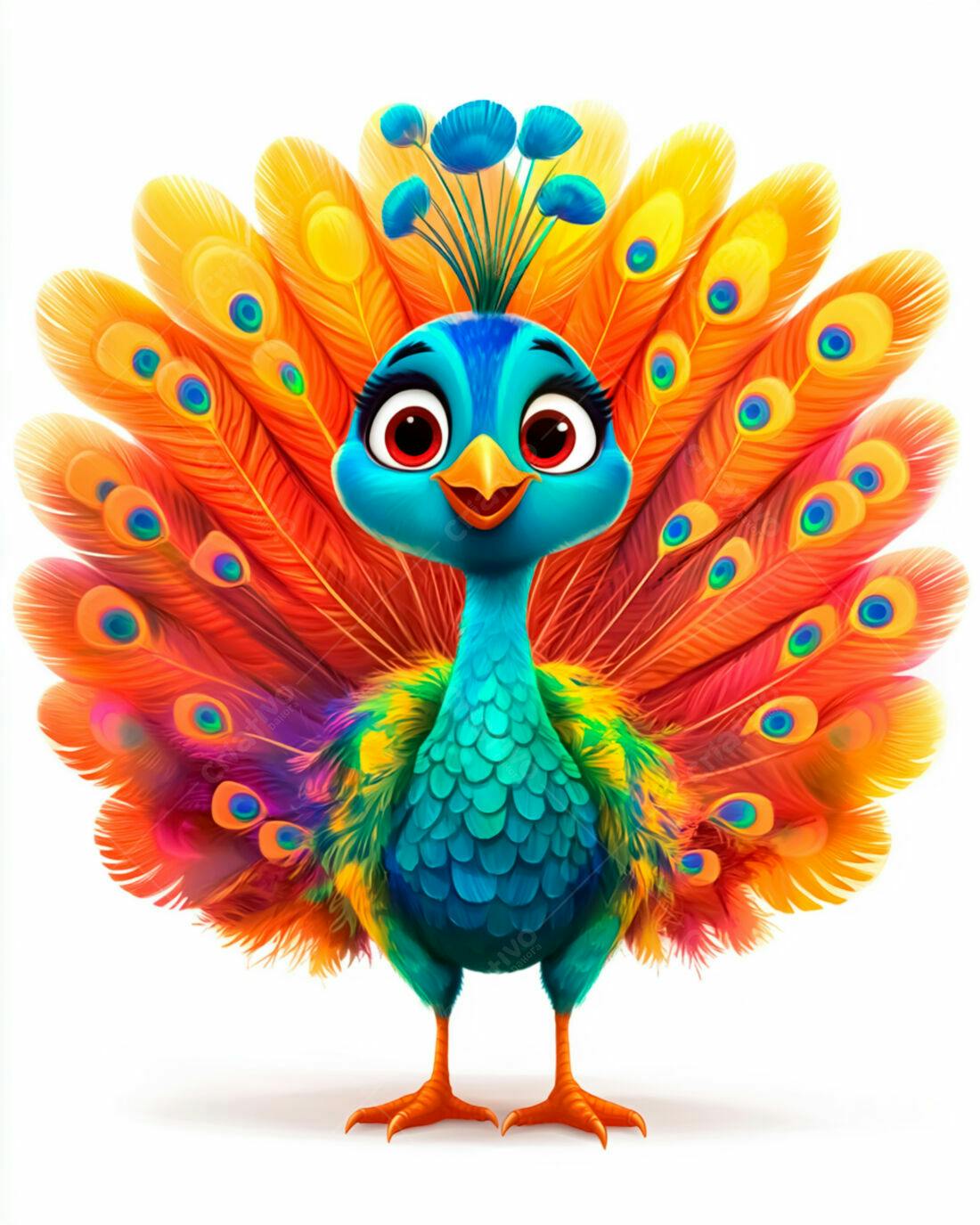 Pavão colorido estilo cartoon alegre