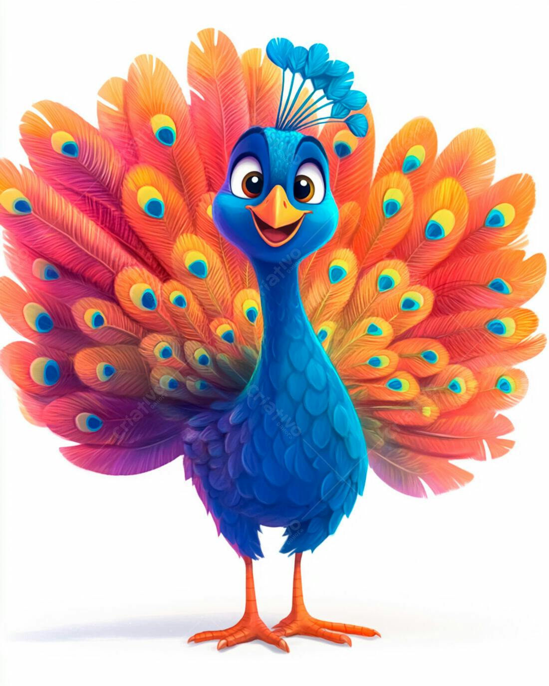 Pavão Cartoon Alegre com Penas Coloridas