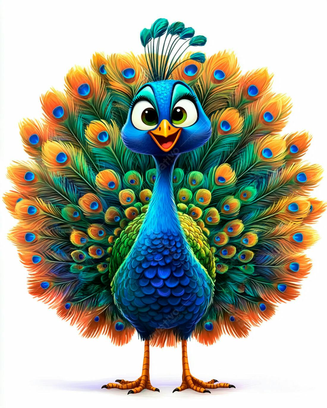 Pavão Cartoon Alegre Plumagem Vibrante