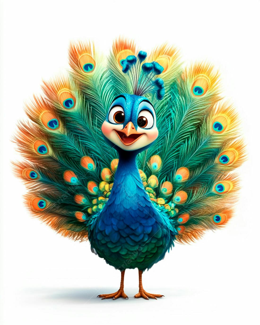 Pavão animado com cauda aberta cores vibrantes