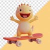 Cute, baby, dinosaur, character, riding, skateboard, 3d render, transparent background, 02.