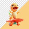 Cute baby dinosaur character, skateboard, 3d render, transparent background, 01