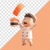 Adorável sushi chef 3d, render isolado, fundo transparente, png, psd