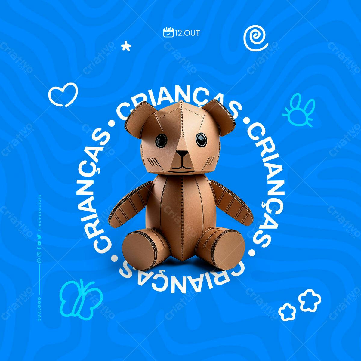 Flyer Dia das Crianças Urso de Papelão PSD Editável