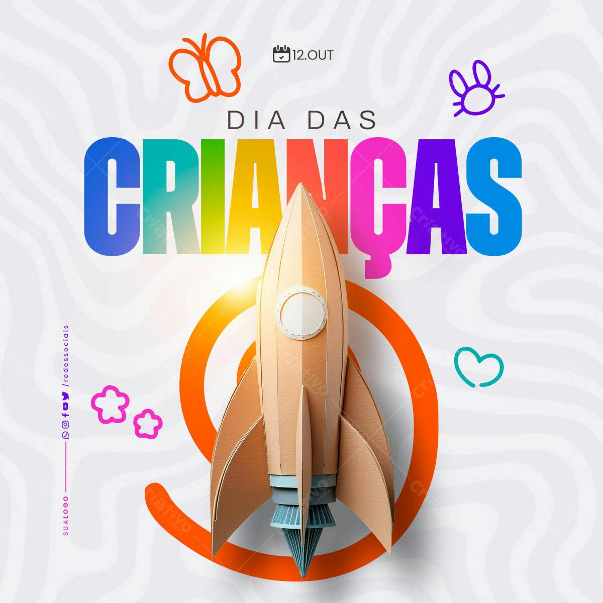 Flyer Dia das Crianças com Foguete PSD Editável