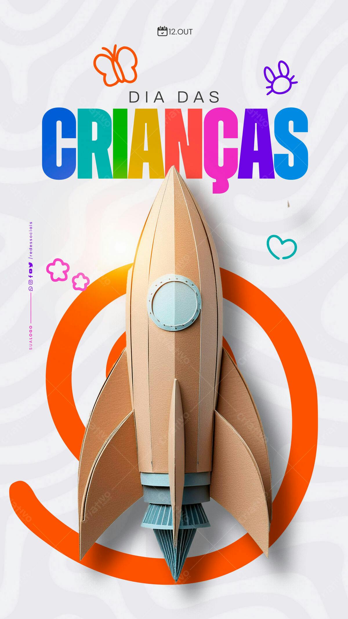Flyer Dia das Crianças com Foguete PSD Editável