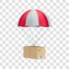 Logistics, transportation, packaging, cardboard, brown, 3d asset falling from parachute with transparent background.