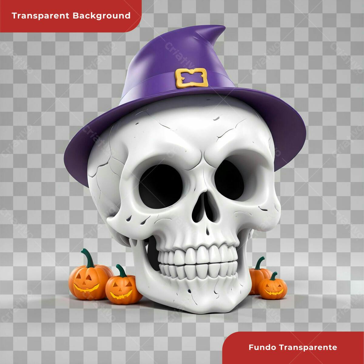 Cabeça de Caveira com Chapéu de Bruxa para o Halloween PSD Editável
