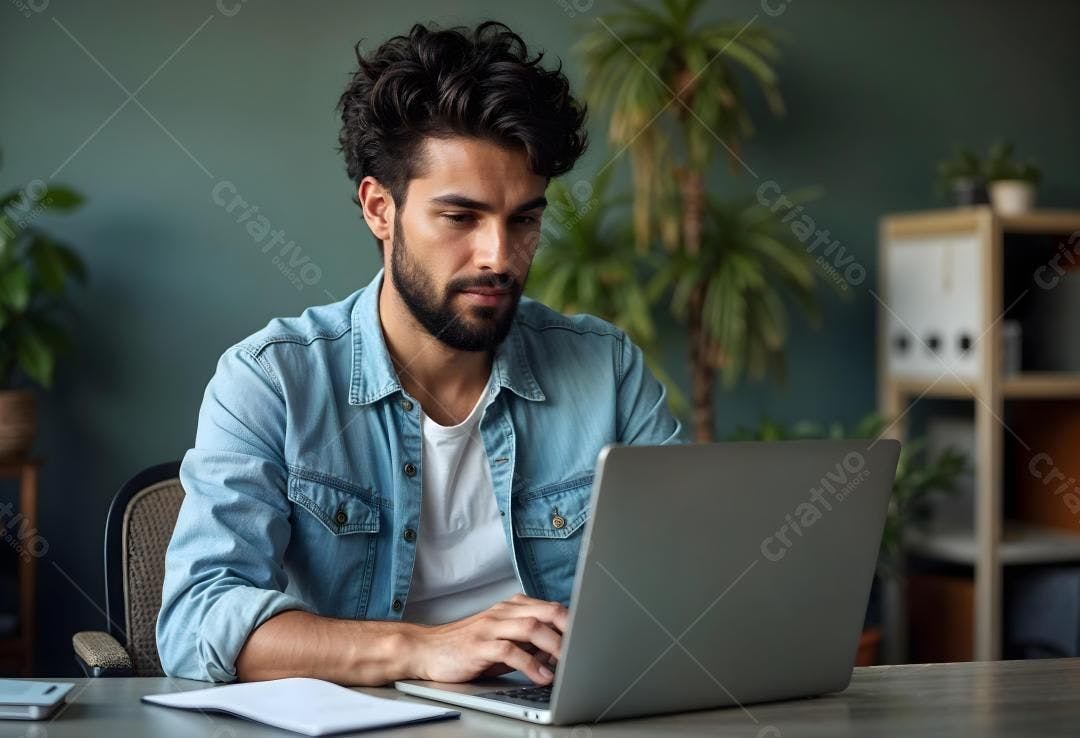 Homem trabalhando em laptop ambiente moderno