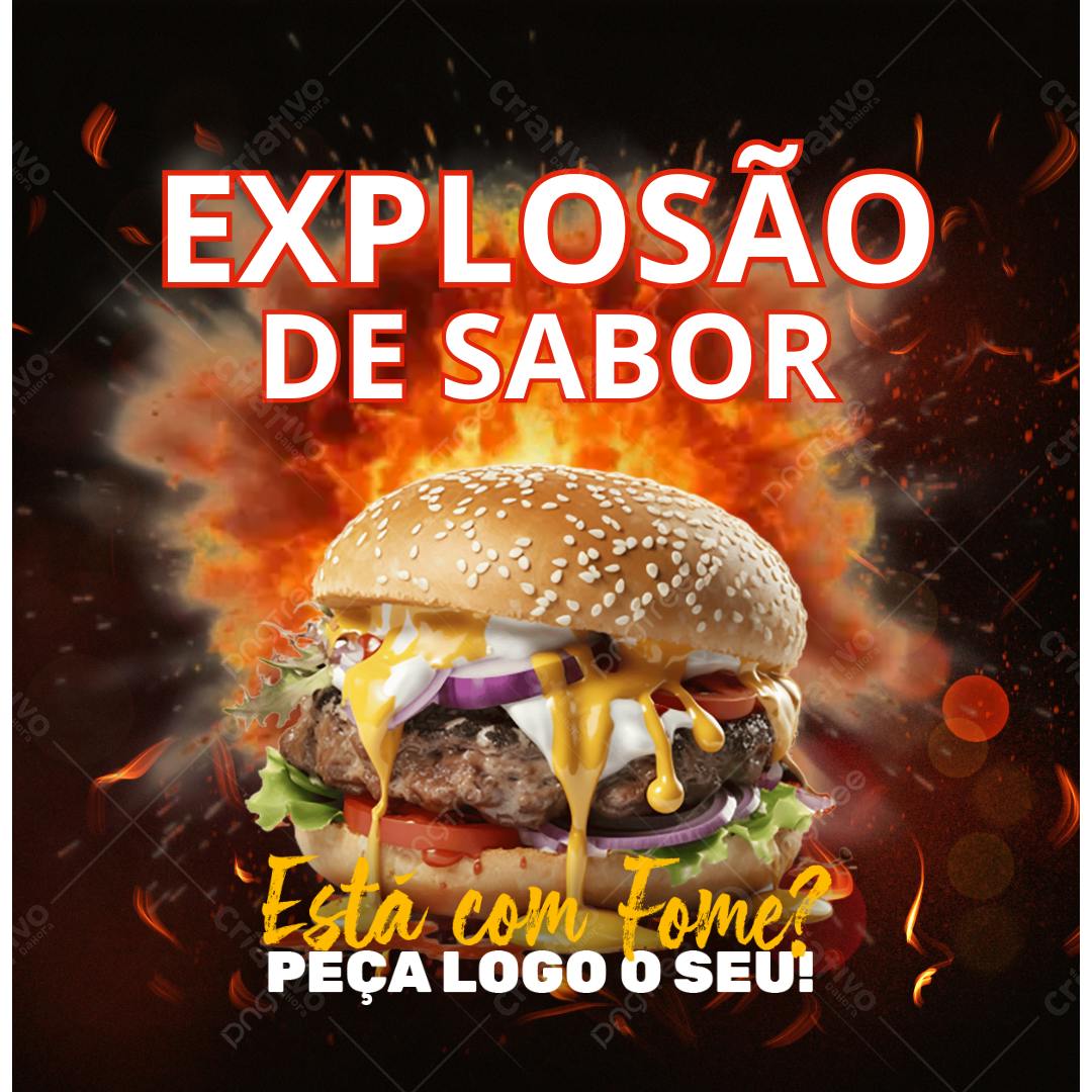 Post Instagram hambúrguer suculento com fogo Editável no Canva