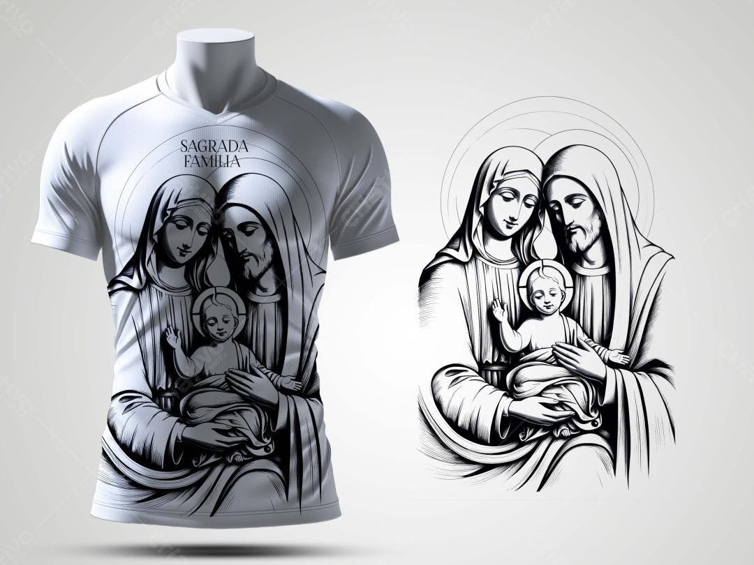 Mockup Camiseta Sagrada Família - Estilo Desenho em Preto e Branco