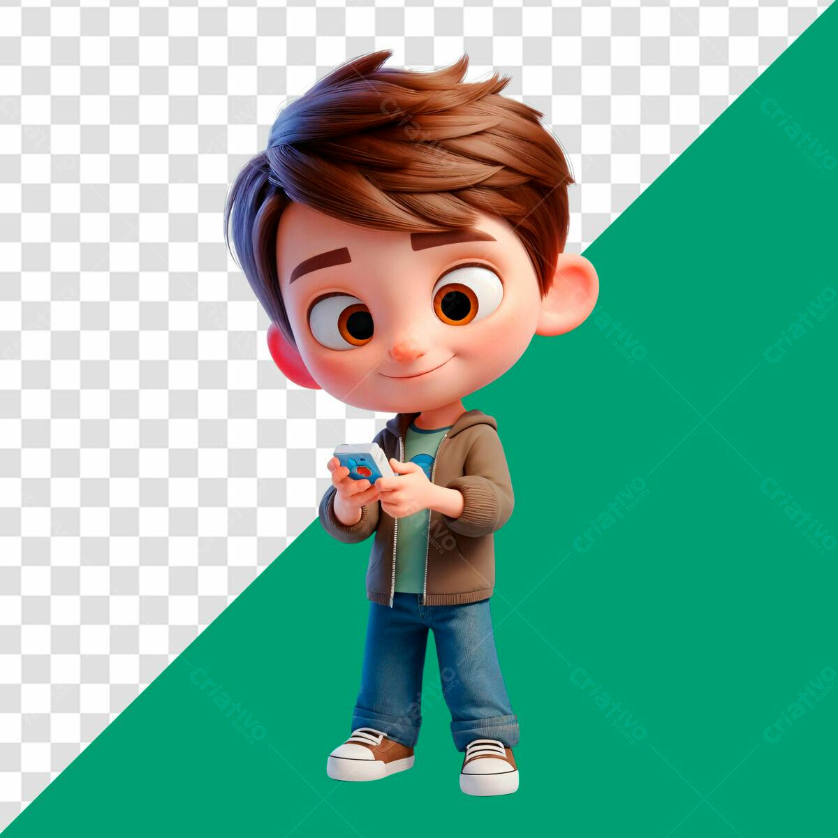Personagem Cartoon Menino com Celular PSD Editável