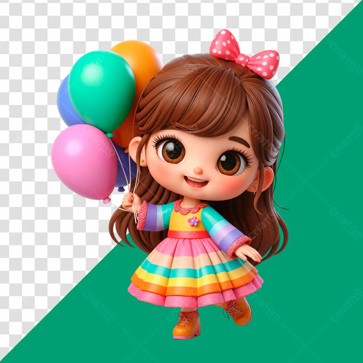 Personagem Menina Balões Festa Infantil PSD Editável