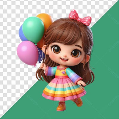 Personagem 3D Menina Criança Segurando Balões Dia Das Crianças 