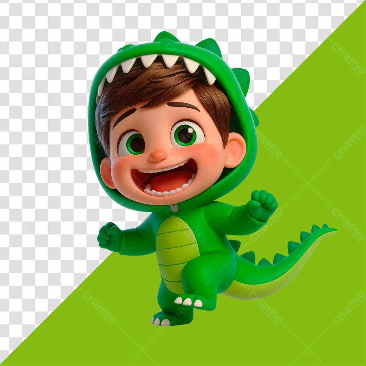 Personagem Criança Dinossauro Verde PSD Editável