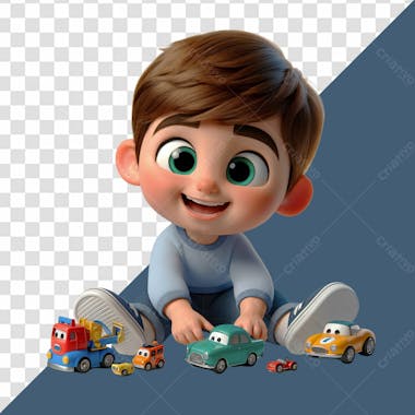 Personagem 3d criança feliz brincando com carros de brinquedo