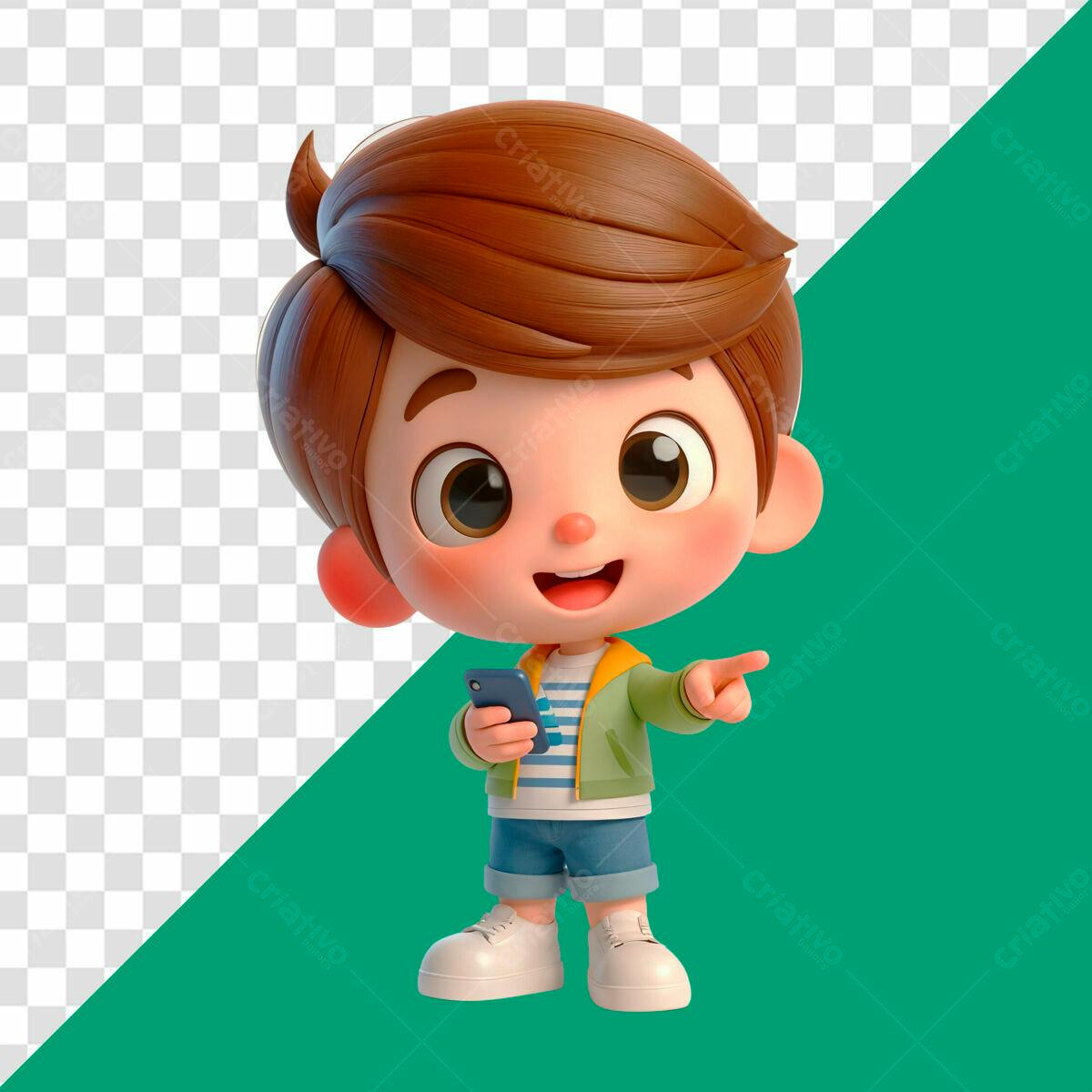 Personagem Cartoon Menino com Celular PSD Editável