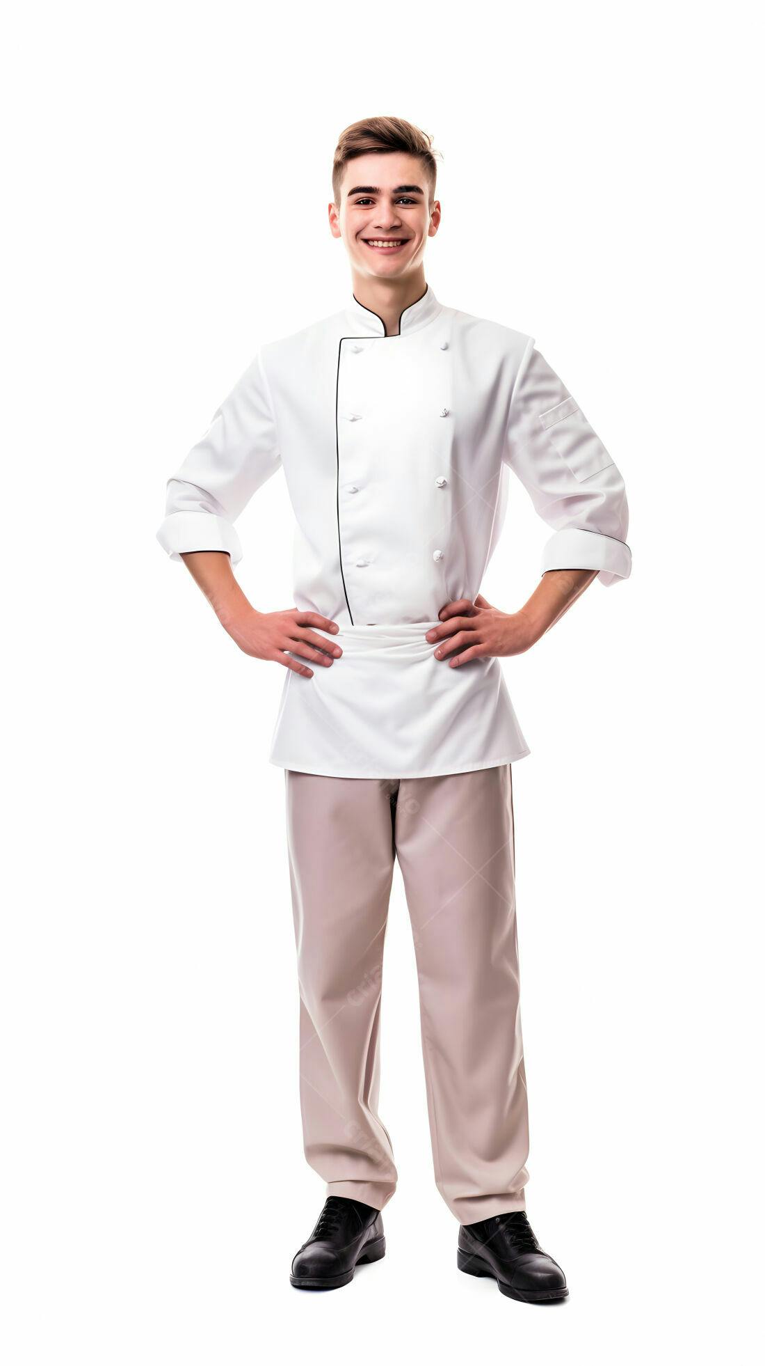 Chef jovem sorridente uniforme branco