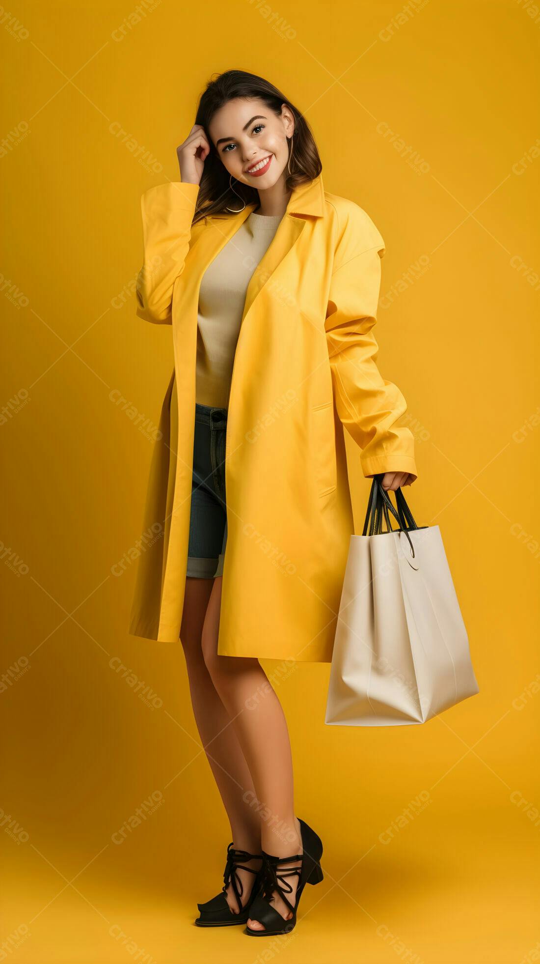 Mulher sorridente com casaco amarelo e sacolas de compras