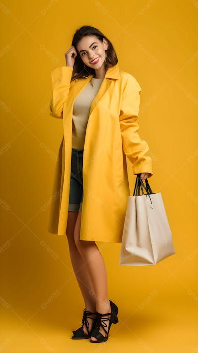 Linda mulher asiática com sacolas de compras na frente de fundo amarelo