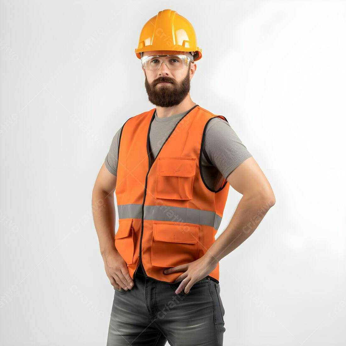 Construtor barbudo com colete laranja