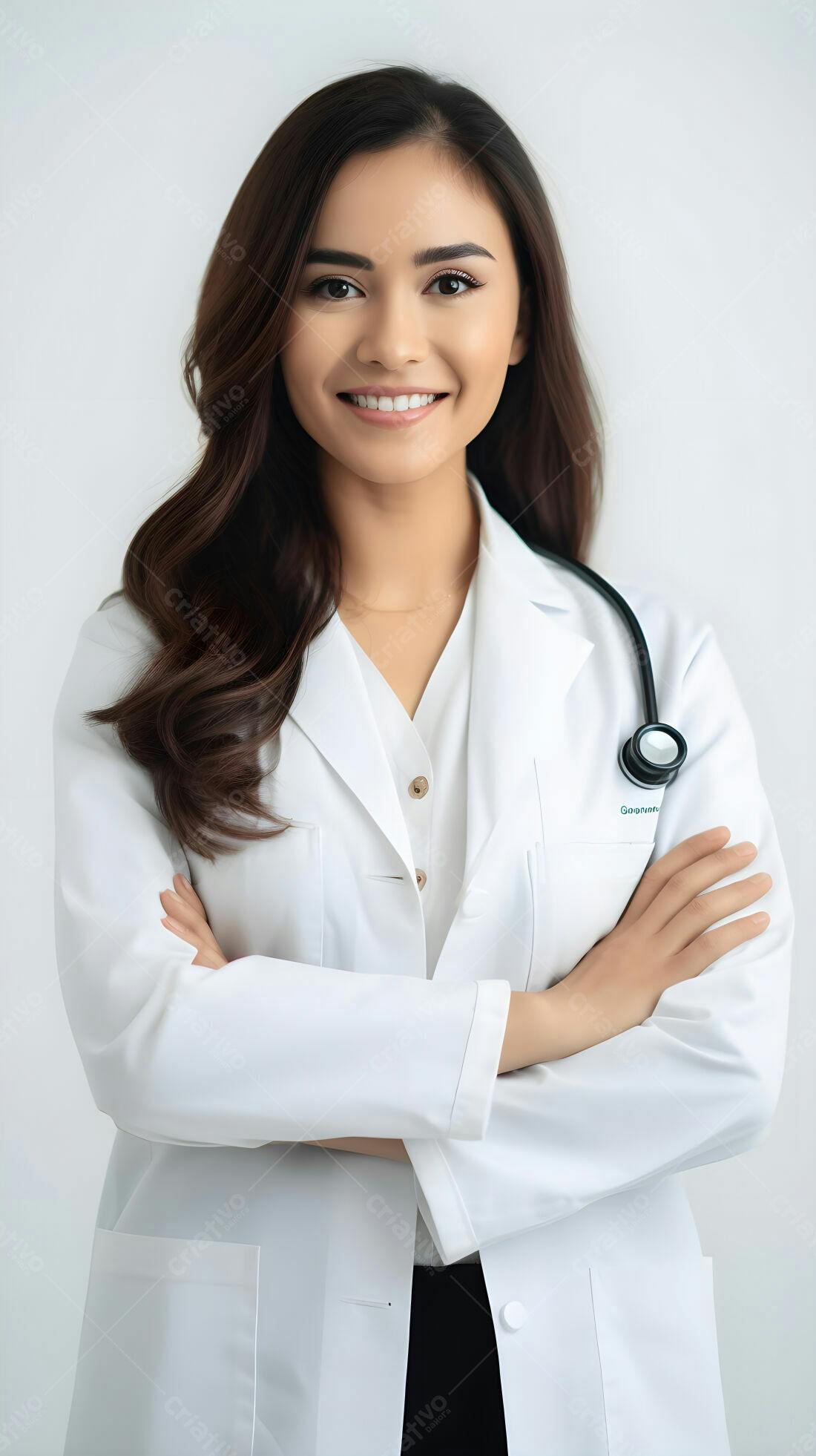 Médica asiática sorridente com jaleco branco