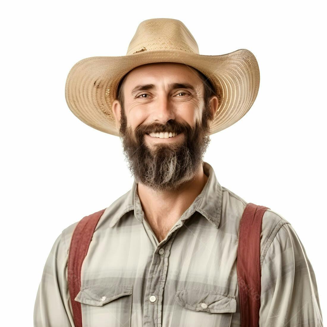 Fazendeiro sorridente com chapéu de palha