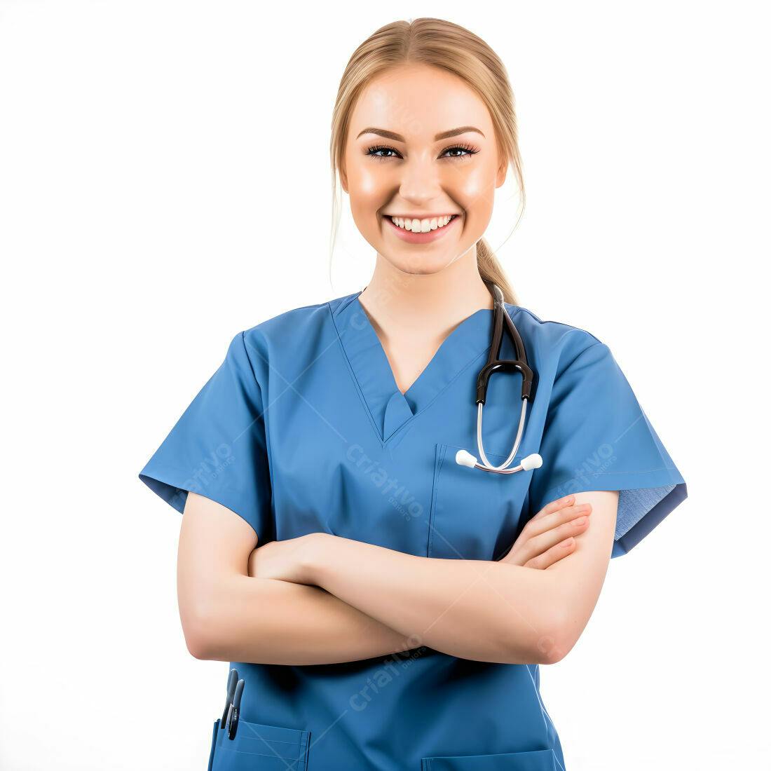 Médica sorridente com estetoscópio uniforme azul