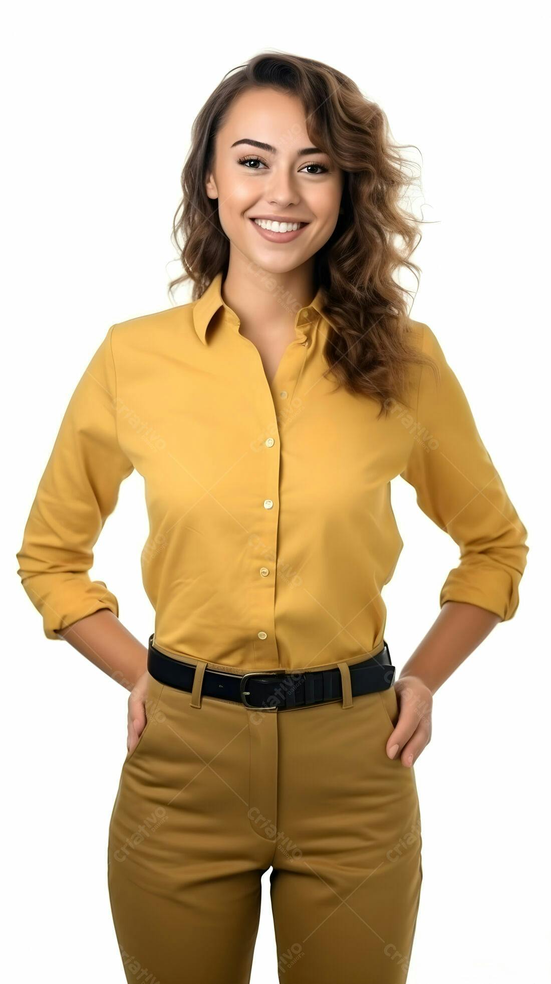 Mulher sorridente roupa marrom estúdio