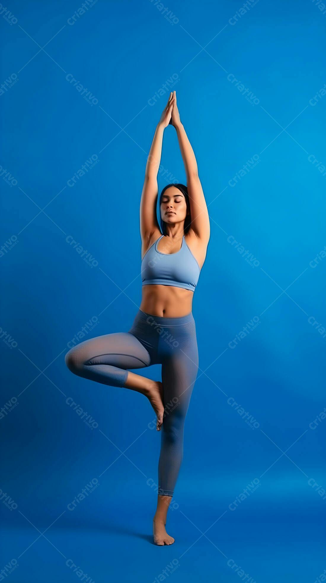 Mulher praticando yoga pose de árvore fundo azul